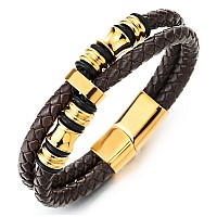 Coolsteelandbeyond Mens Doublerow Brown Braided Leather Bracelet Bangle Wristband Gold Color Steel Ornaments