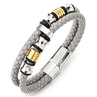 Coolsteelandbeyond Mens Doublerow Beige Grey Braided Leather Bracelet Bangle Wristband Silver Gold Steel Ornaments