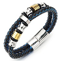 Coolsteelandbeyond Mens Doublerow Black Blue Braided Leather Bracelet Bangle Wristband Silver Gold Steel Ornaments