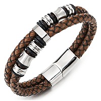 Coolsteelandbeyond Men Doublerow Rough Rusty Brown Braided Leather Bracelet Bangle Wristband Silver Steel Ornament