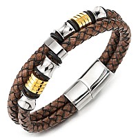 Coolsteelandbeyond Men Doublerow Rough Rusty Brown Braided Leather Bracelet Bangle Wristband Silver Gold Steel Ornament