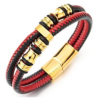 Coolsteelandbeyond Mens Doublerow Black Red Braided Leather Bracelet Bangle Wristband With Gold Steel Ornaments