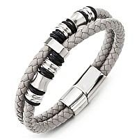 Coolsteelandbeyond Mens Doublerow Beige Grey Braided Leather Bracelet Bangle Wristband With Silver Steel Ornaments