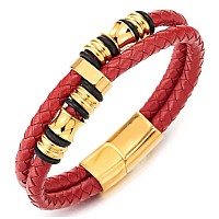 Coolsteelandbeyond Mens Doublerow Red Braided Leather Bracelet Bangle Wristband Gold Color Steel Ornaments