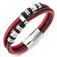 Coolsteelandbeyond Mens Doublerow Black Red Braided Leather Bracelet Bangle Wristband With Silver Steel Ornaments