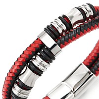 Coolsteelandbeyond Mens Doublerow Black Red Braided Leather Bracelet Bangle Wristband With Silver Steel Ornaments