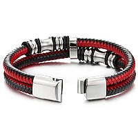 Coolsteelandbeyond Mens Doublerow Black Red Braided Leather Bracelet Bangle Wristband With Silver Steel Ornaments