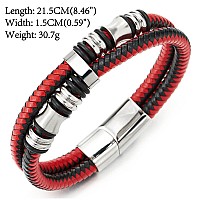 Coolsteelandbeyond Mens Doublerow Black Red Braided Leather Bracelet Bangle Wristband With Silver Steel Ornaments