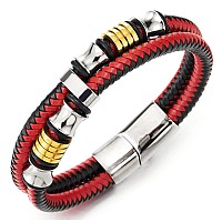 Coolsteelandbeyond Mens Doublerow Black Red Braided Leather Bracelet Bangle Wristband With Silver Gold Steel Ornaments