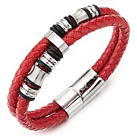 Coolsteelandbeyond Mens Doublerow Red Braided Leather Bracelet Bangle Wristband Silver Color Steel Ornaments