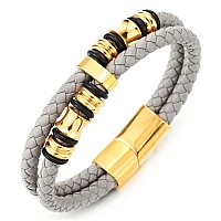 Coolsteelandbeyond Mens Doublerow Beige Grey Braided Leather Bracelet Bangle Wristband With Gold Steel Ornaments