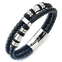 Coolsteelandbeyond Mens Doublerow Black Blue Braided Leather Bracelet Bangle Wristband With Silver Steel Ornaments