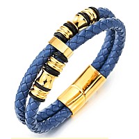 Coolsteelandbeyond Mens Blue Braided Leather Bracelet Doublerow Bangle Wristband With Gold Color Steel Ornaments