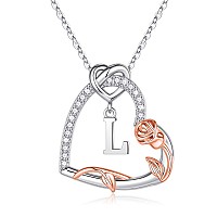 Rose Heart Necklace Gifts For Women 925 Sterling Silver Initial L Letter Heart Pendant Necklace Jewelry Anniversary Valentines