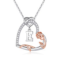 Rose Heart Necklace Gifts For Women 925 Sterling Silver Initial E Letter Heart Pendant Necklace Jewelry Anniversary Valentines