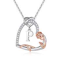 Rose Heart Necklace Gifts For Women 925 Sterling Silver Initial P Letter Heart Pendant Necklace Jewelry Anniversary Valentines