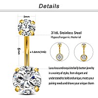 Incaton 14G Belly Button Rings Stainless Steel Heart Diamond 6Mm10Mm Bar Belly Rings For Women Hypoallergenic Short Bar Navel