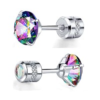 Titanium Screw Back Earrings Surgical Stainless Steel Rainbow Cubic Zirconia Fake Diamond Flat Back Stud 316L Hypoallergenic For