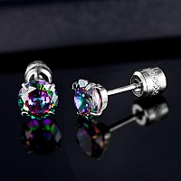 Titanium Screw Back Earrings Surgical Stainless Steel Rainbow Cubic Zirconia Fake Diamond Flat Back Stud 316L Hypoallergenic For