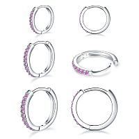 925 Sterling Silver Post Small Hoop Earrings Pink Cubic Zirconia Huggie Hoop Earrings 3 Pairs 14K White Gold Plated Cartilage P