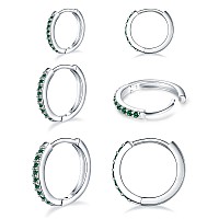 925 Sterling Silver Small Hoop Earrings Green Cubic Zirconia Huggie Hoop Earrings 3 Pairs 14K White Gold Plated Cartilage Pierc