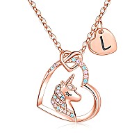 Unicorns Gifts For Girls Women 14K Rose Gold Plated Initial L Pendant Heart Unicorn Necklace Girls Jewelry Letter Unicorn Neckl