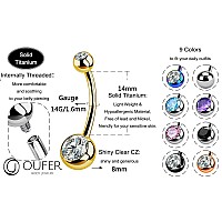 Oufer Titanium Belly Button Rings Internally Threaded 14Mm Long Belly Ring Round Cz Navel Rings For Women Men Gold