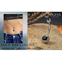 Oufer Titanium Belly Button Rings Internally Threaded 14Mm Long Belly Ring Round Cz Navel Rings For Women Men Black Cz