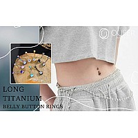 Oufer Titanium Belly Button Rings Internally Threaded 14Mm Long Belly Ring Round Cz Navel Rings For Women Men Black Cz