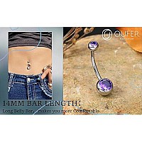 Oufer Titanium Belly Button Rings Internally Threaded 14Mm Long Belly Ring Round Cz Navel Rings For Women Men Purple