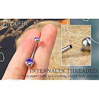 Oufer Titanium Belly Button Rings Internally Threaded 14Mm Long Belly Ring Round Cz Navel Rings For Women Men Purple