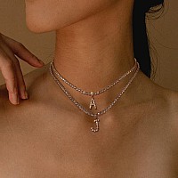 Rose Gold Initial Necklaces For Women 14K Rose Gold Plated Tennis Chain Necklace Cubic Zirconia Initial Tennis Necklace Bling