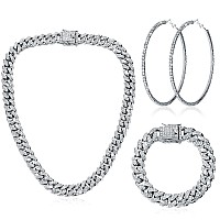 Batiyeer Cuban Link Chain Necklace Bracelet Rhinestone Earrings Bling Necklace Bracelet Crystal Big Circle Earring For Women Si