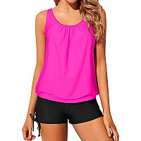 Yonique Blouson Tankini Swimsuits For Women Two Piece Bathing Suits Tops With Boyshorts Modest Loose Fit Swimwear Hot Pink1 S