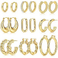 9 Pairs Gold Hoop Earrings For Women 14K Gold Plated Lightweight Chunky Twisted Hoop Earrings Set For Gift Gold 9 Pair