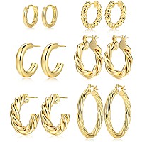 6 Pairs Gold Hoop Earrings For Women 14K Gold Plated Lightweight Chunky Twisted Hoop Earrings Set For Gift 6 Pair 3