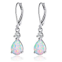 925 Sterling Silver Created White Fire Opal Birthstone Teardrop Earrings Drop Dangly Earring Leverback Hypoallergenic Jewelry Fo