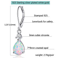 925 Sterling Silver Created White Fire Opal Birthstone Teardrop Earrings Drop Dangly Earring Leverback Hypoallergenic Jewelry Fo