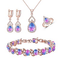 Lmxxvj Rose Gold Jewelry Sets For Women Multicolor Tourmaline Cubic Zirconia Adjustable Ring Necklace Earrings Bracelet Gold Pl