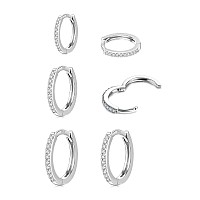 3 Pairs Sterling Silver Hoop Earrings For Women 14K White Gold Plated Small Cubic Zirconia Hoop Huggie Hoop Ear Piercing Earring