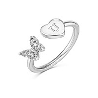 Inenimartj Initial Rings For Women Girls Stackable Butterfly Initial Letter Rings Adjustable Crystal Inlaid U Capital Alphabet R