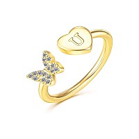 Inenimartj Initial Rings For Women Girls Stackable Butterfly Initial Letter Rings Adjustable Crystal Inlaid U Capital Alphabet R