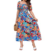 Zesica Womens 2023 Summer Boho Floral Print Square Neck Ruffle Swing Beach Long Maxi Dressgreenbluexlarge