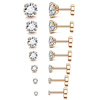 Fansilver 7Pairs Rose Gold 20G Hypoallergenic Stud Earrings For Women Men Stud Flatback Ear Piercing Cubic Zirconia 28Mm