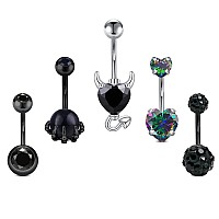 Jforyou Black Belly Button Rings Surgical Steel 14G Belly Navel Rings Black Curved Barbells Devil Heart Skull Hand Design