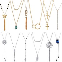 Hicarer 12 Pieces Long Pendant Necklace Set Y Tassel Leaf Circle Bar Necklace For Women Elegant Style