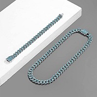 Apzzic 11Mm Cuban Link Necklace Iced Out Miami Gold Plated Hip Hop Full Cz Prong Diamond Necklace For Men Women Blue 18Inch