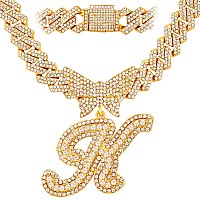 Jnctcoe Cuban Link Chain For Women Cursive Silver Initial 14Mm Diamond Prong Cuban Chain Hip Hop Iced Out Chain Necklace Butterf