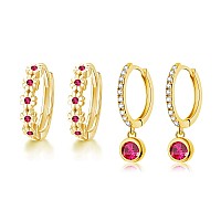 Cinily Small Hoop Earrings Sets For Women Hypoallergenic2 Pairs Dainty Dangle Huggie Earrings Rose Red Cubic Zircon Gold Plated