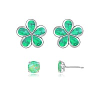 Cinily Flower Stud Earrings Set For Women Hypoallergenic 14K White Gold Plated Green Opal Studs Round Cut Birthstone Small Stud